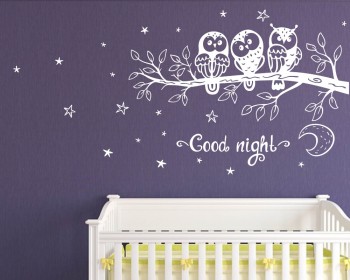 Owl Family Sitting On A Branch Wall Decal, Moon & Stars Vinyl Design Good Night Decal